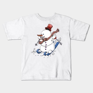A snowman on skies with a red hat Kids T-Shirt
